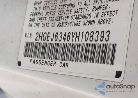 2000 Honda Civic Dx from USA, damaged, VIN 2HGEJ6346YH108393